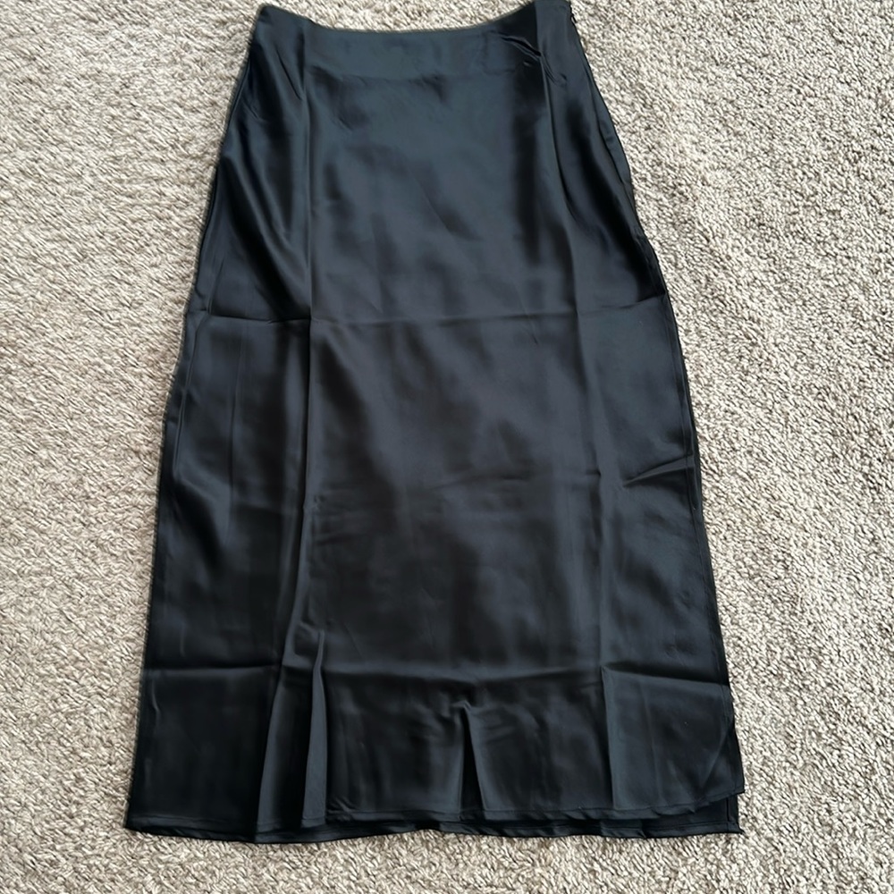 Black satin midi slit skirt size small new